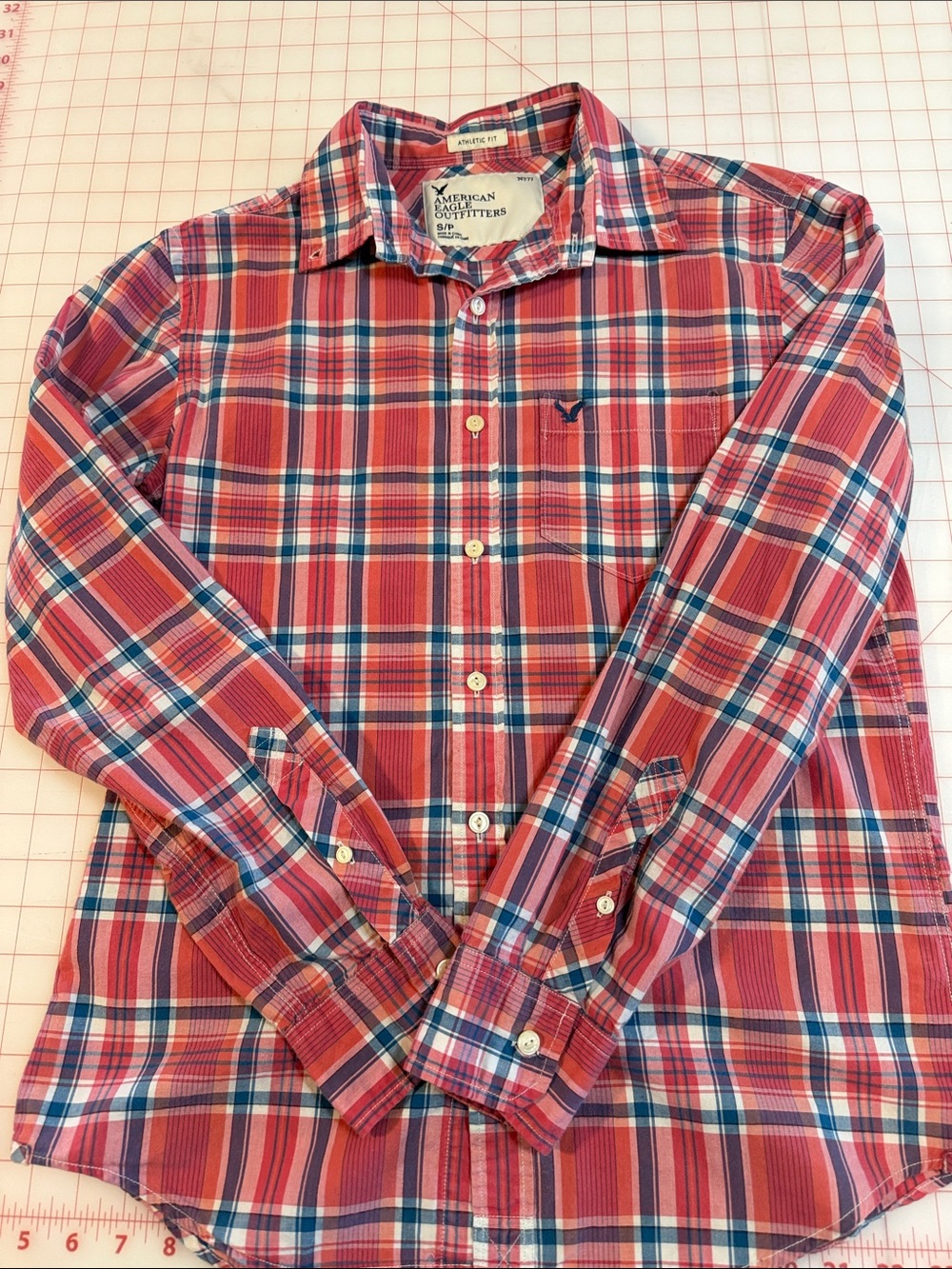 American Eagle Outfitters Red and Blue Plaid Button-Down Shirt